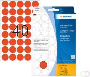 Herma Multipurpose-etiketten Ã 19 mm rond rood geperforeerd permanent hechtend om